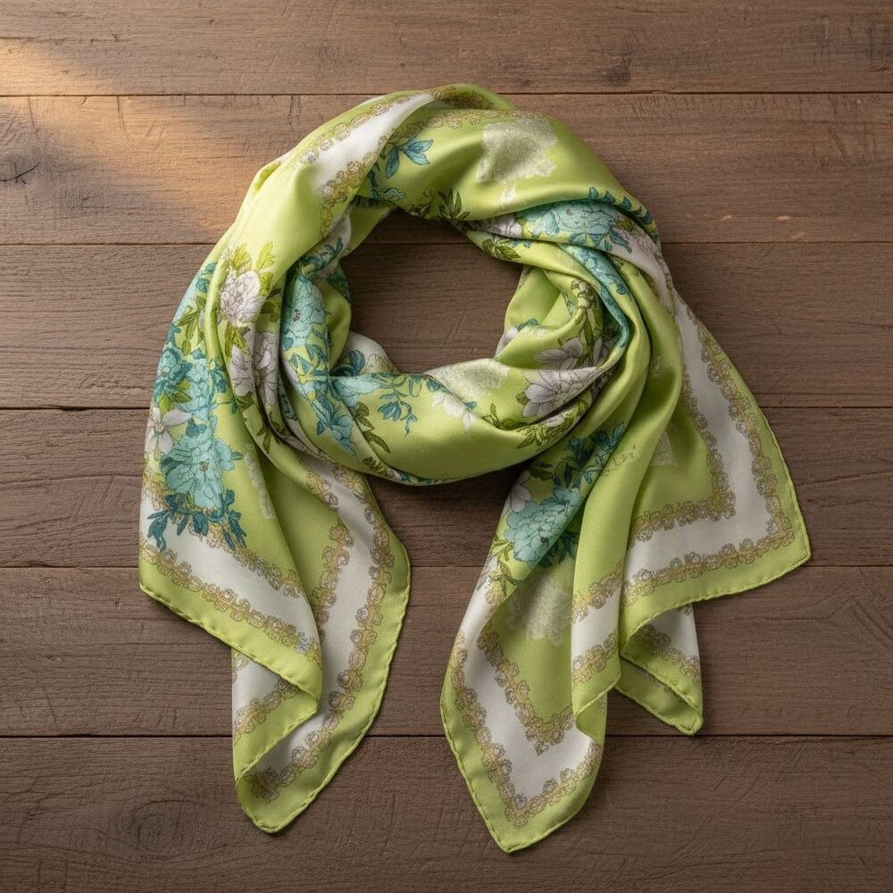 Green Floral Satin Scarf Lightweight Shawl Wrap Elegant Summer Accessory - Picture 7 of 12